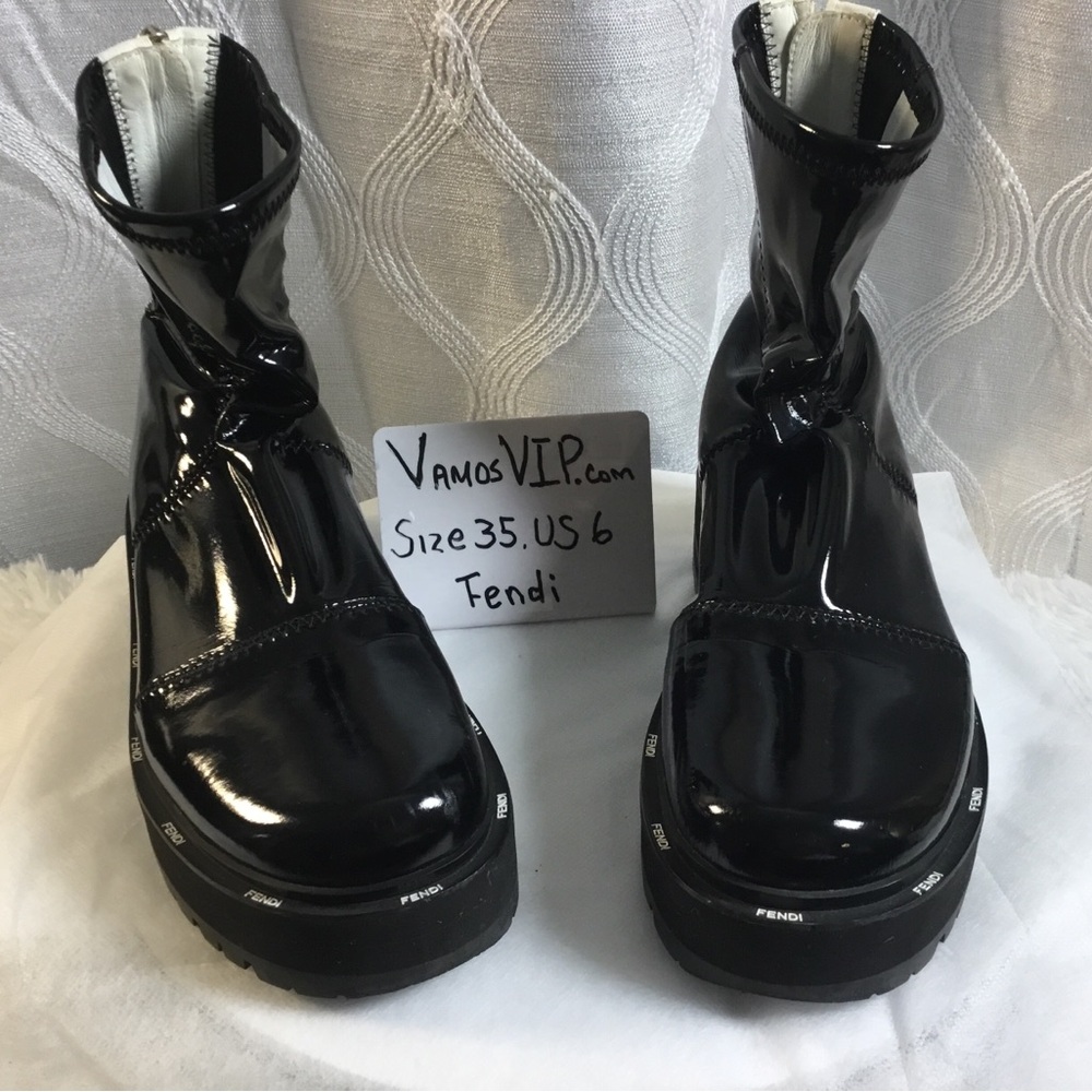 Fendi Black Patent Leather Ankle Booties with Branded Lug Sole